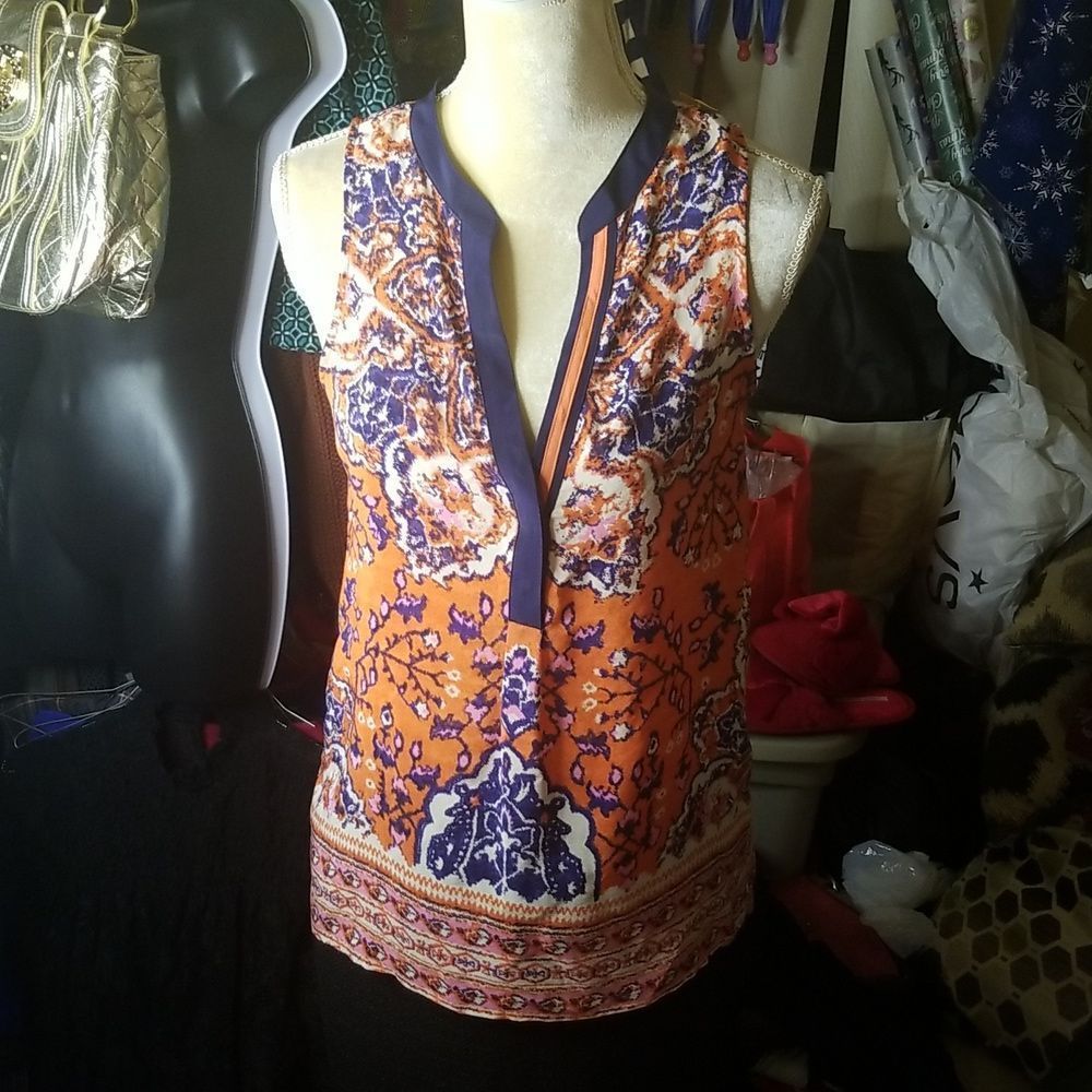 Anthropologie Vanessa Virginia Silk Bohemian Print Sleeveless Blouse Sz. M
